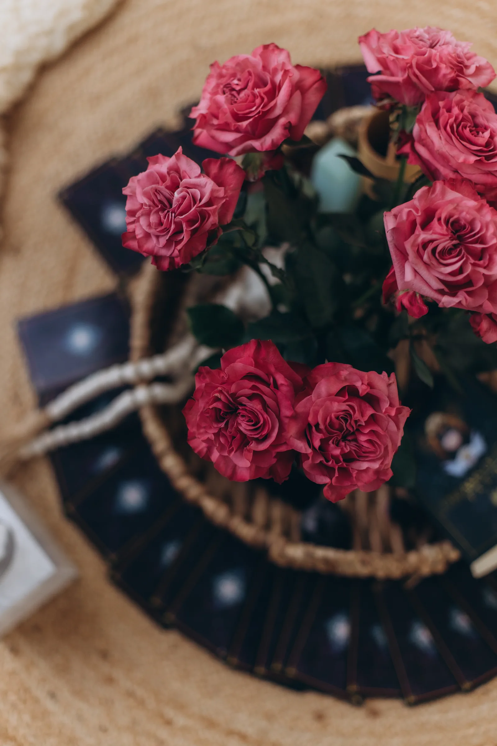 Roses seen from above on a jute rug